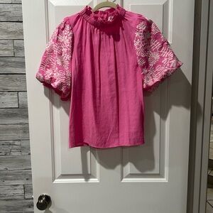 THML Pink with Puff Sleeve Embroidered Blouse
